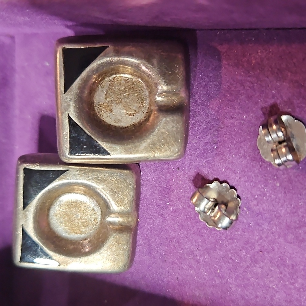 Vintage Sterling Silver and Black Enamel Square Earrings